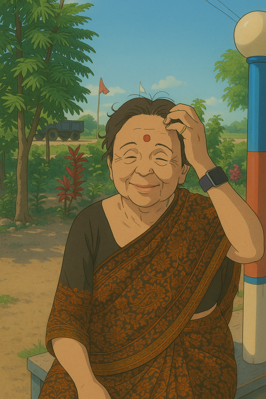 Whimsical Ghibli-style illustration of an Indian grandmother with laugh lines. Golden light highlights her radiant, wrinkled hands under the sun.
